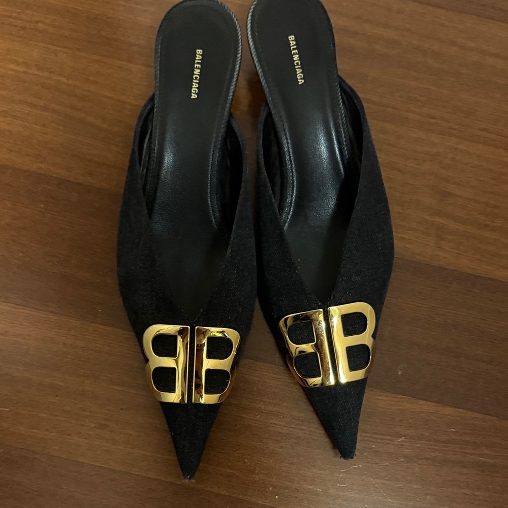 Balenciaga Black Mules with Gold Accents